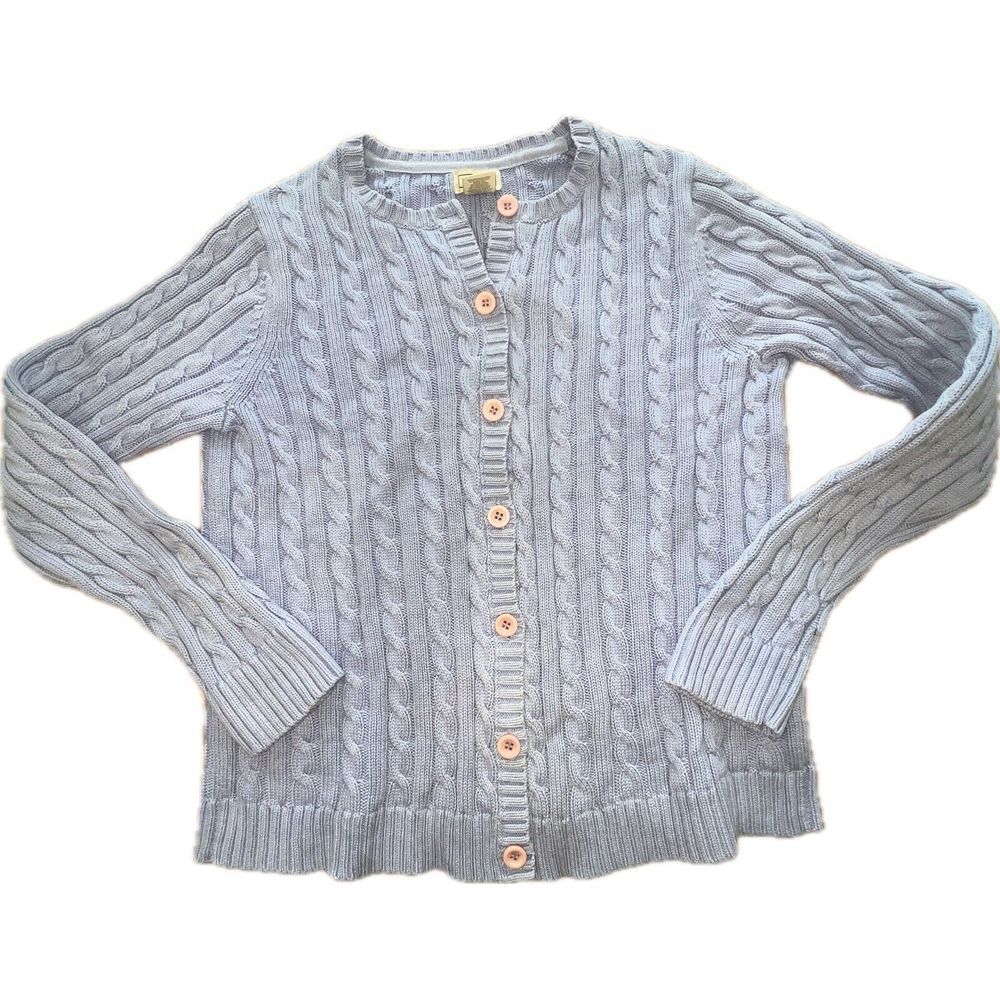 Vintage LL Bean‎ Womens Medium Blue With Pink Buttons Cable Cardigan Sweater
